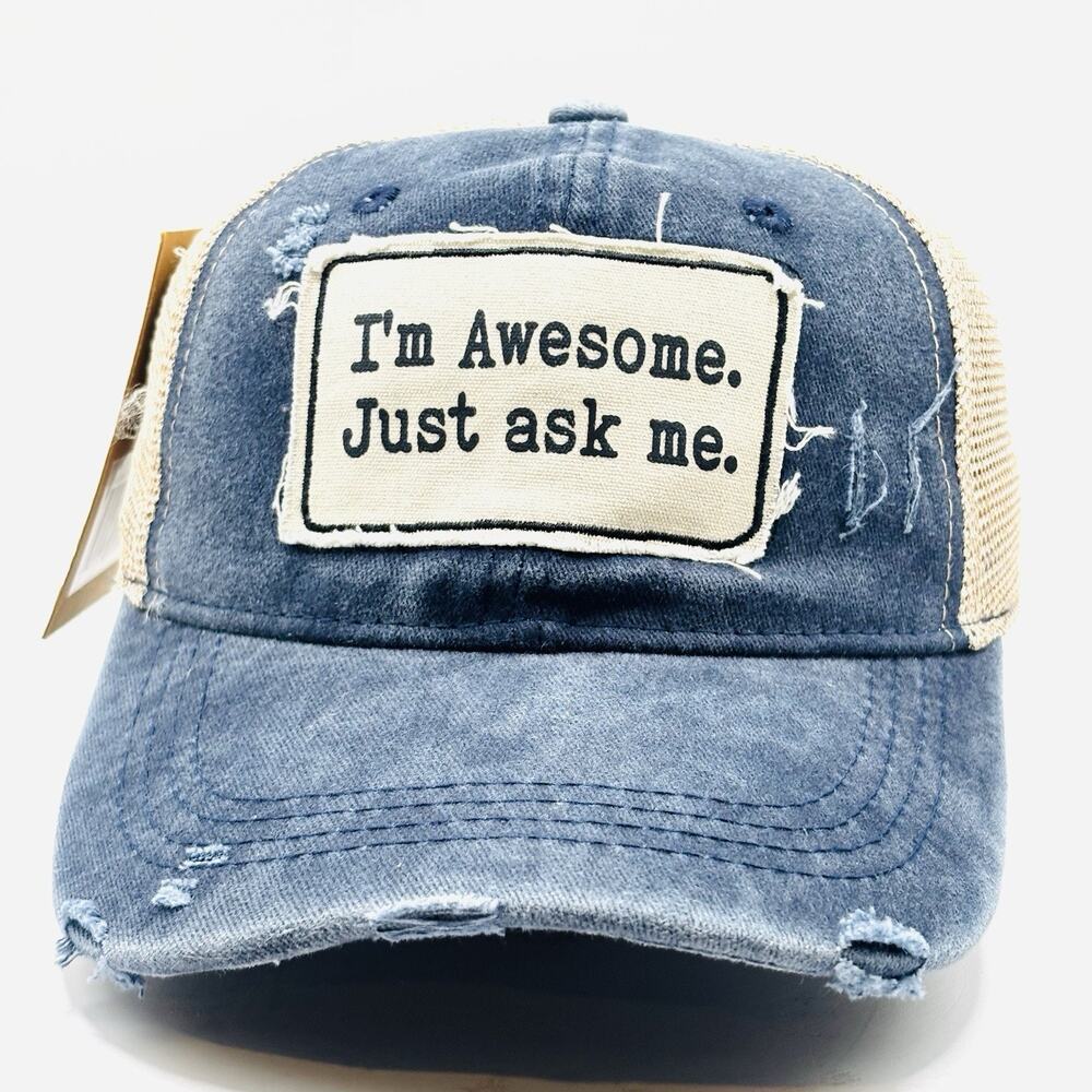 Funny Trucker SnapBack Hat Cap “I’m Awesome Just Ask Me” Denim Distressed NWT